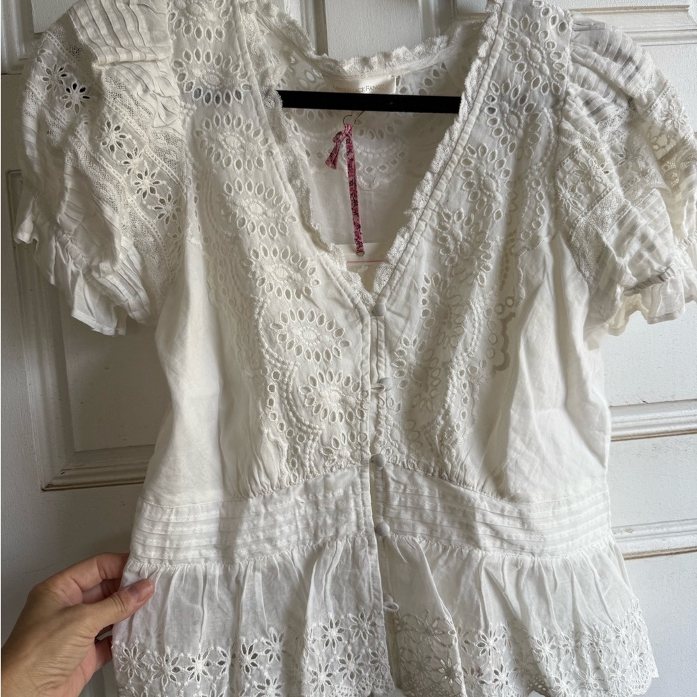 LoveShackFancy White Puff Sleeve Ruffled Blouse